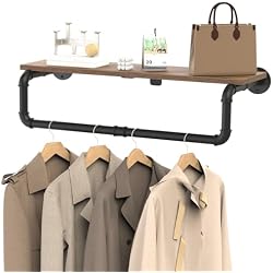 YheenLf Industrial Pipe Clothes Rack, Heavy Duty Iron Wall Mounted Garment Rack for Hanging Clothes, Shelf with Hanging Rod, 27.6x10.2x5.9 Inch, Black