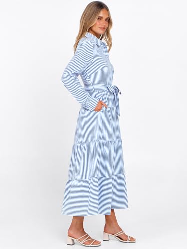 Caracilia Women Long Sleeve Maxi Dress 2025 Fall Casual Button Down Striped Plaid Tie Waist Shirt Dresses Vacation Outfits4