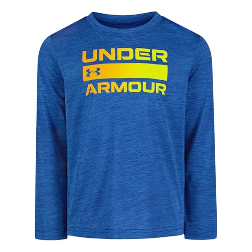 Under Armour Maglietta a Maniche Lunghe per Ragazzi all'aperto, Elegante Scollo Rotondo, vestibilità Comoda, Logo Blu Atlantis impilato, 6