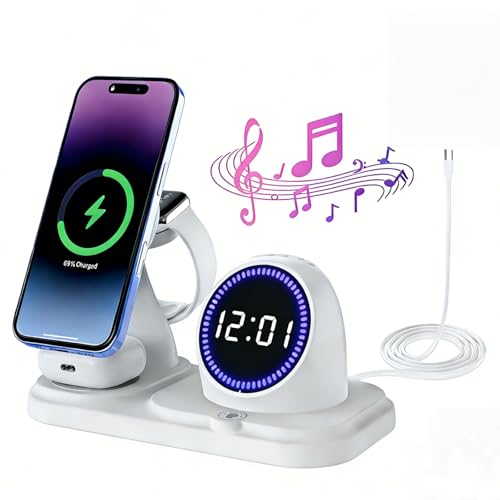 6 in 1 Wireless Charger i-Phone Charging Station: Stand for Multiple Devices for Apples - Compatible i-Phone 17 16 15 14 13 Pro Max Apples Watch Airpods, Design with Wireless Speaker & Clock (White)