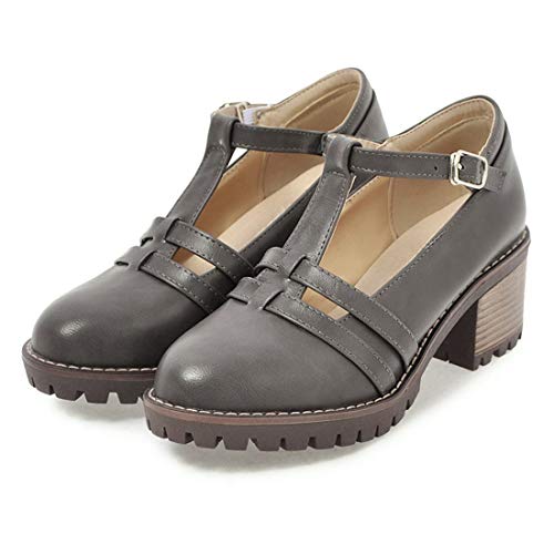 VOKLIN Women's T-Strap Mary Jane Pumps Round Toe Platform Chunky Mid Heels Vintage Brogue Dress Oxford Shoes2