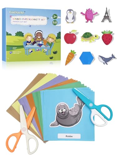 GutSache Kinderschere Set mit 2 Scheren und 48 Bastelpapier Bastelset für Kinder ab 3 Jahre Montessori Lernspielzeug für Feinmotorik Vorschule & zu Hause Ideales Mitgebsel Gastgeschenk
