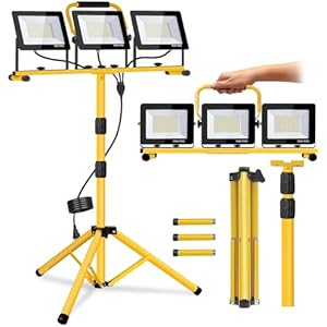 21000 Lumen Work Lights with Stand, 3 Adjustable Heads LED Work Lights, with Adjustable and Foldable Tripod Stand, Waterproof Lamp with Individual Switch with 6500 Kelvin Color Temperature (