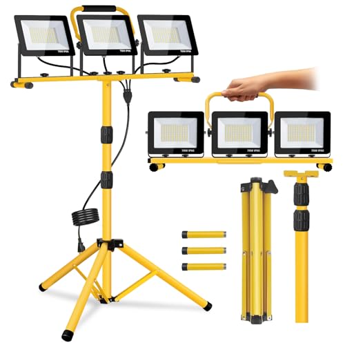 21000 Lumen Work Lights with Stand, 3 Adjustable Heads LED Work Lights, with Adjustable and Foldable Tripod Stand, Waterproof Lamp with Individual Switch with 6500 Kelvin Color Temperature (3-Heads)