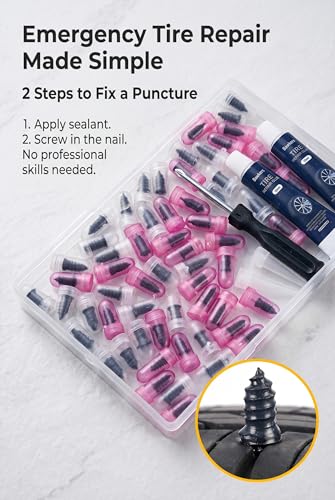 Image of 63 PCS Tire Repair Rubber Nails Kit with 2 Tubes of Black Tire Sealant Glue, Screw in Tire Plugs Set for Cars Motorcycles Trucks