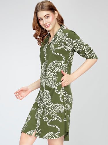 Image of ZEYO Women's Cotton Night Dress Leopard Printed Knee Length Night Gown 5791