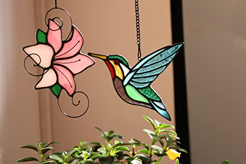 Haosum Hummingbird With Lily Flower Stained Glass Window Hangings, Hummingbird Decorations Suncatcher For Window, Handmade Stained Glass Lily Flower Home Decor Gift For Mom (Hummingbird With Flower) #TOP1