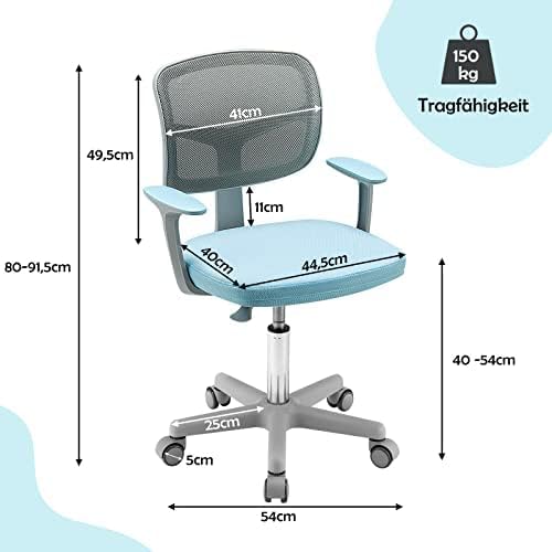 360° Swivel Chair, Height Adjustable Children's Desk Chair with Backrest and Armrests, 5 Lockable Wheels