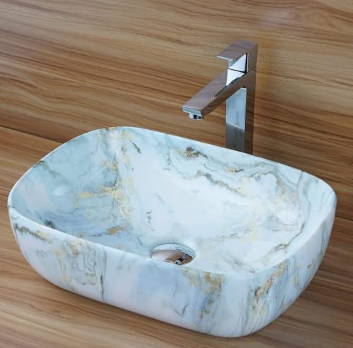 Image of OSOSAM Tabletop Wash Basin For Bathroom | Ceramic Glossy White Countertop Washbasin | Vessel Sink For Hotel, Dining Hall, Vanity | 18 x 13 x 5.5 Inches (MS-156)