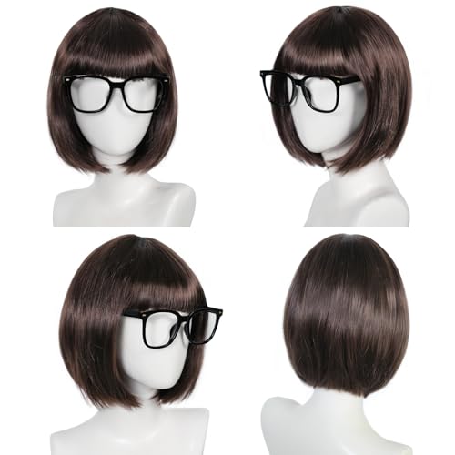 Image of ANOGOL Brown Bob Wig with Bangs Short Anime Wigs Dark Brown Wig for Women