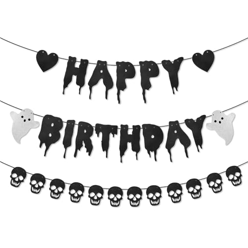 Halloween Happy Birthday Banner, Vorgespannter Schwarzer Glitzer Geist Totenkopf und Herz Hängende Girlande Gothic Gruselige Blutige Geburtstagsdekoration für Halloween-Partyzubehör