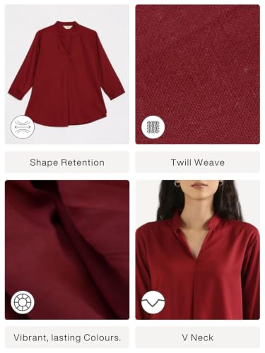 Image of SAADAA Top for Women, Viscose Pleated Tops, V-Neck with a Collar, 3 /4 Sleeve Length, Office & Casual Wear