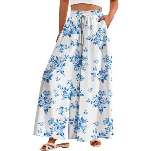 Qosigote Flowy Floral Palazzo Pants - Wide Leg Summer Pants for Women, Boho Dresses for Women, Plus Size Spring Clothes (B,S)