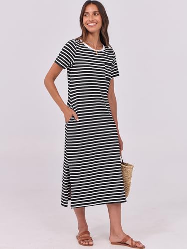Image of ANRABESS Womens Midi Dress,Summer Long Tshirts Dresses,Short Sleeve Split Stripe,Comfy Travel Beach Vacation Casual Wear