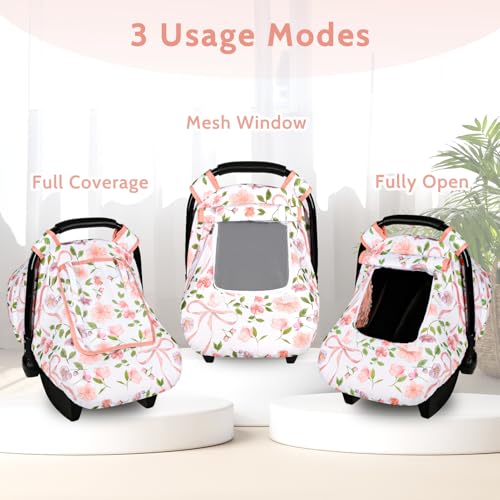 Image of Windproof Baby Car Seat Cover, 3D Mink Dot Infant Car Seat Canopy with Breathable Mesh Window, Baby Carrier Cover for All Seasons, Easy Access Carseat Carrie Snug Fit Stroller, Pink Bow