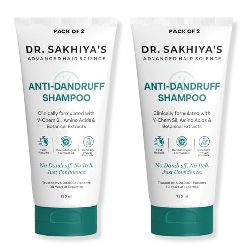 Image of Dr. Sakhiya's Anti-Dandruff Shampoo with V-Chem Sil & Amino Acids (120ml) - Dermatologist Formulated for Itchy Scalp Relief | Paraben-Free | Contains Botanical Extracts | For Men & Women (Pack of 2)