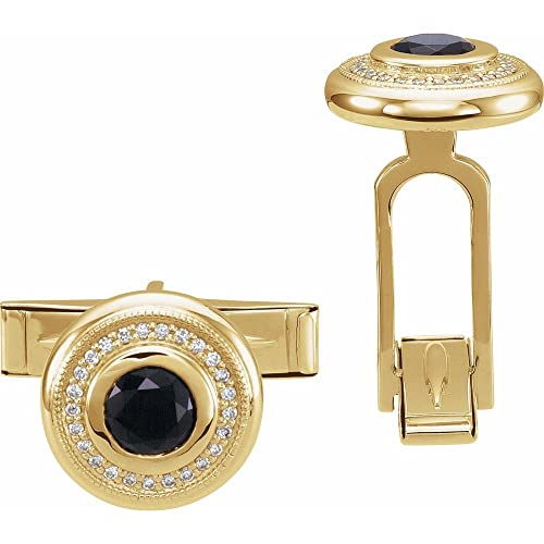 14K Yellow Gold 5Mm Onyx & 0.18Ctw. Diamond Men Gents Cuff Links Pair #TOP16