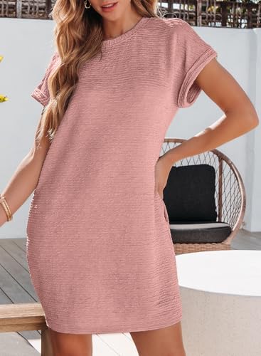 Image of EVALESS Womens Summer Dresses 2026 Fashion Short Sleeve Cute Spring Mini Dress Crewneck Casual Beach Vacation Dresses
