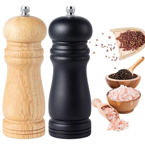 Molino de Pimienta Madera,Pimentero De Madera,Dos De 6 Pulgadas Para Especias Frescas, Sal,Colores Naturales Y Negro