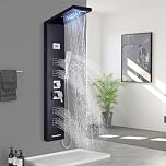 ALENART Shower Panel Tower System with LED Rainfall Waterfall Shower Head, 5-Function High Pressure Massage Body Jets and Handheld Sprayer, Stainless Steel Black Wall-Mounted Column, Jets-8024HFT