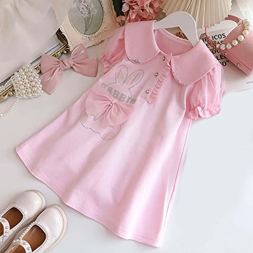 Vestidos para meninas com detalhe de laço e babados, gola redonda, manga bufante, vestido de linha A