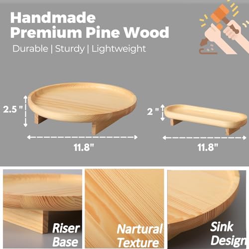 Image of Round Wooden Decorative Tray, 2 Pcs Tray for Coffee Table, Bathroom Vanity Tray, Kitchen Counter Tray, Rustic Wood Tray Decor, Round Serving Tray (Natural)
