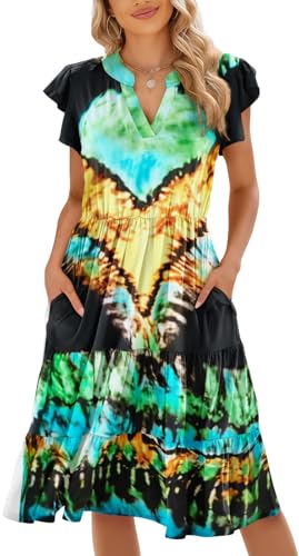 Image of Womens Summer Dress Ruffle Sleeve V Neck Midi Dresses Casual Fit Flowy Tiered Boho Beach Vacation Sundress