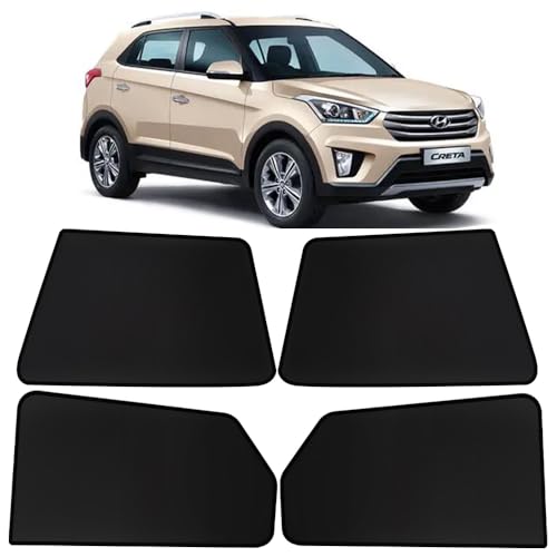 Image of OTO2EYE Car Sun Shade Compatible for Hyundai Creta Old Model 2015 to 2020, Z-Black Fix Type Side Window Curtains, Only Half Cut in Front Window, 4 Pieces Set