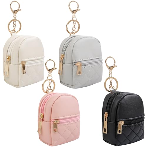 AIBFRID 4Pcs Mini Backpack Keychain Cute Cosmetic Bag for Women Mothers Day PU Leather Makeup Bag Key Pocket Lipstick Bag Card Holder Data Cable Organizer Zipper Pouch (black beige pink gray)
