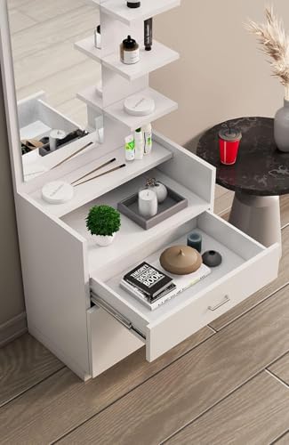 Image of Bniture Wooden Dressing Table for Bedroom with 1 Drawer, Mirror and Huge Storage Space | Long Dresser Vanity Table with Mirror (42D x 60W x 180H CM) | 3 Year Warranty (Frosty White, HXDR103)