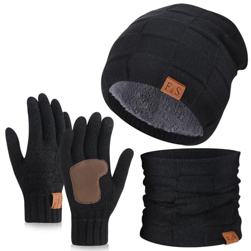 Vyuwast Mütze Schal Handschuhe Sets für Herren,Winter Warm Beanie Mütze Schal Touchscreen Handschuhe,Strick Gefüttert Beanie Mützes Handschuhes Schlauchschal 3-in-1 Geschenk Set