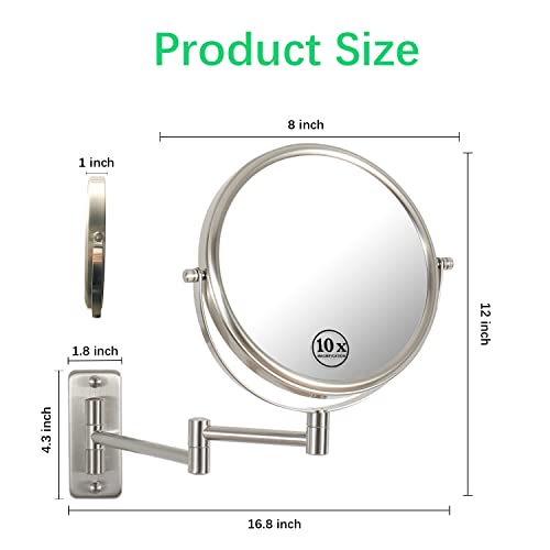 Erlingeryi 8" Wall Mounted Makeup Mirror 10X Magnifying Mirror Double Sided Vanity Makeup Mirror For Bathroom Nickel Brush Finish #TOP1