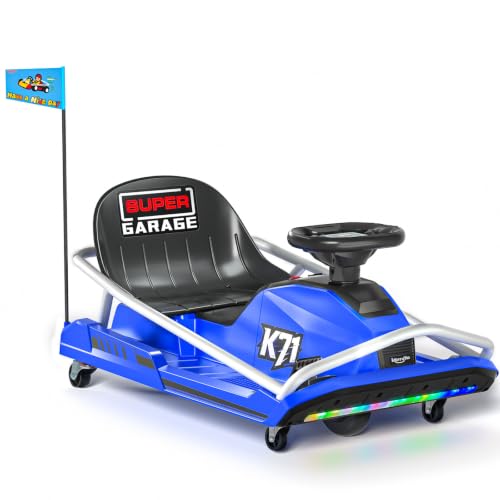KerryYoo K71 24V7AH Electric Drift Kart for Kids Ages 6-12, 300W Brushless Motor Go Kart with 12 MPH Max Speed, High/Low Speed Modes, 360° Drift Ride On Crazy Kart, 130 lbs Capacity - Blue