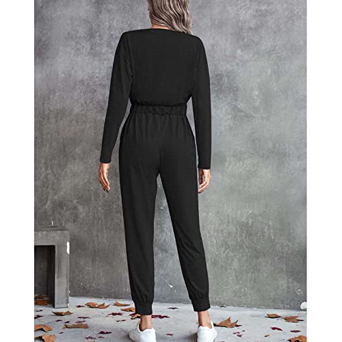 Greensen Combinaison pour Femme, Combinaison à Col en V croisé pour Femme, Combinaison Pantalon à Manches Longues Combinaison de Couleur Unie avec une Taille Haute et des Lacets (Le noir) – vue 6