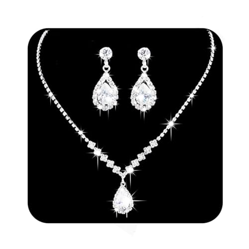 Ushiny Juego de joyas de boda para novia, juego de collares y aretes de diamantes de imitación de plata con cristales brillantes para mujeres y niñas, Gema Plata, Diamantes de imitación, perlas