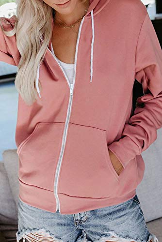 Hooded Sweatshirt Jacket For Women Long Sleeve Solid Color Drawstring Full-Zip Track Jacket Outerwear With Pockets Pink L #TOP1