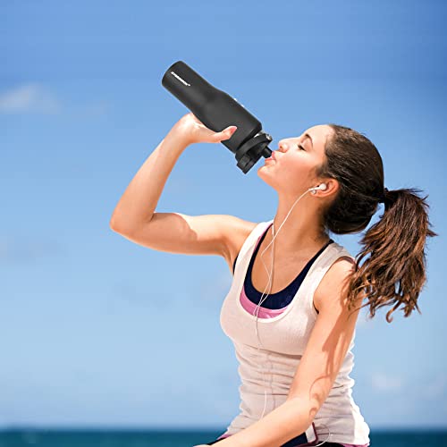 Hydrowion 32Oz Water Bottle, Double Wall Vacuum Stainless Steel Insulated Water Flask With Straw Lid, Spout Lid And Flex Cap(Cold For 48 Hrs, Hot For 24 Hrs), Leakproof Travel Thermo Mug, Black&Grey #TOP7