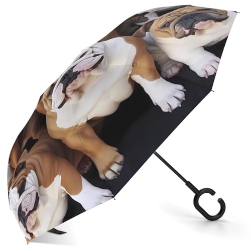 FZMVSQH Paraguas invertido de Bulldogs ingleses, resistente al viento, para lluvia, protección solar UV, paraguas boca abajo, paraguas portátil compacto de viaje, cierre de apertura automática, para