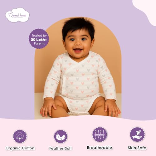 Image of MOM'S HOME Organic Cotton Front Open Kimono Onesie For Newborn Baby | New Born Clothing For Boys & Girls | 0-6 Months | Pack of 1