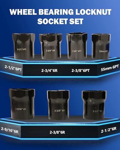 Image of Wheel Bearing Locknut Socket Set 7 Piece Wheel Bearing Lock Nuts Removal and Installation Tool Kit 1 /2 Inch Drive SAE and Metric 6-Point Axle Nut Socket Compatible with Dodge, Ford and Toyota