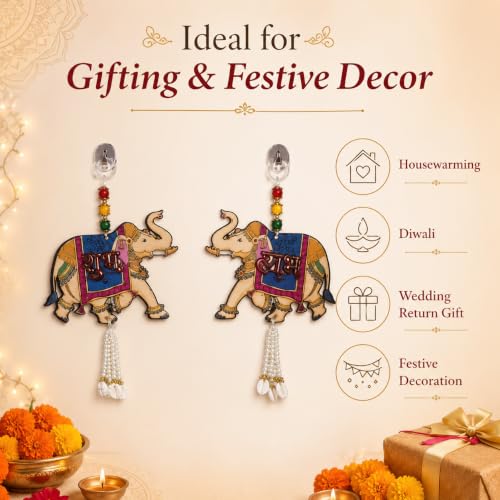 Image of Religious Door Hanging Decor with Pearl Beads & Tassel, Wooden Wall Hanging for Home Temple, Pooja Room, Entrance, Mandir Decoration & Spiritual Gift, Elephant