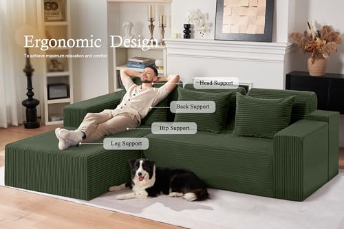Image of HABUTWAY Sectional Couches for Living Room,No Assembly L Shaped Couch 105 inch Modular Sectional Sofa Couch with Deep Seat,Cloud Couches Furniture Sets for Apartment,Corduroy (Green, Left Facing)