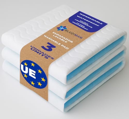 BLUZIMAN® Empapadores Cama Adultos, Empapadores Bebe Lavables Hecho en España, Protector Cama Certificado Oeko Tex Capa Seguridad Impermeable, Salvacamas Súper Absorbentes (80x90cm, Pack 3)