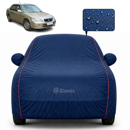 Image of Premium 100% Waterproof Car Cover for Honda's City 1998-2002 Models All-Weather, UV & Dust Protection | Heavy-Duty 3-Layer Fabric | Custom Fit with Mirror & Antenna Pockets | Navy Blue
