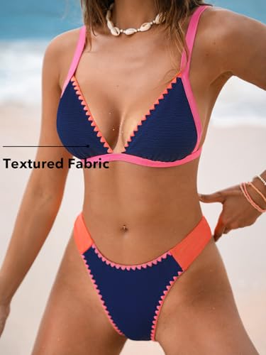 CUPSHE Women's Bikini Sets Two Piece Swimsuit V Neck Color Block Bathing Suit High Leg Cut Cheeky Bottom Textured3