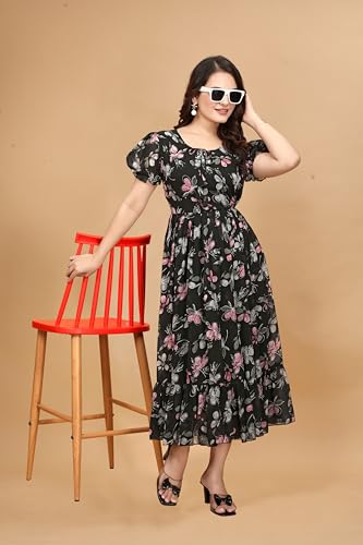 Image of Women's Georgette Dresses Floral Printed One Piece Stylish Long Maxi Western Frock Midi Dress for Women (Puffed Sleeves) for Gals