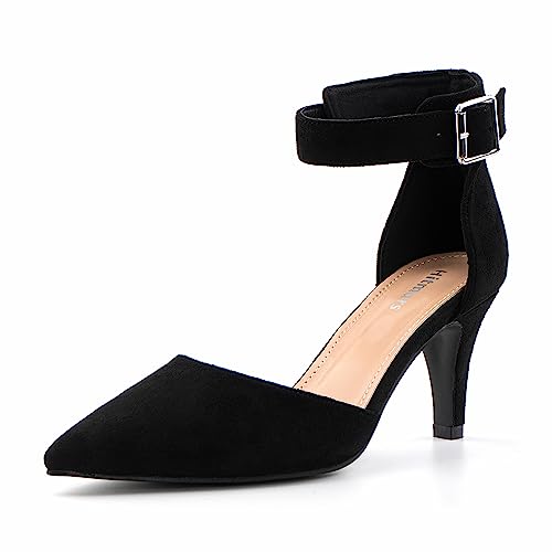 Hitmars Low Kitten Heels for Women Low Heel Women's Pumps Dress Shoes Closed Pointed Toe Low Heeled Wedding Ankle Strap Black US 8.5