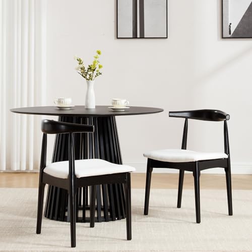 Wood Dining Chairs Set of 2, Linen Fabric Dining Chairs with Open Curved Back, Mid Century Modern Dining Room Chairs Farmhouse Kitchen Chairs for Dining Room Restaurant -Black Wood Finish, Beige