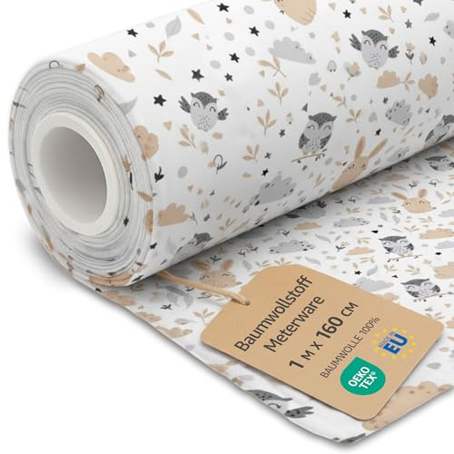 Tecido de algodão a metros 1 m x 160 cm, tecidos para costura patchwork decoração e trabalhos manuais ideais para roupas de casa, disfarces e projetos de costura criativa Oeko-Tex corujas