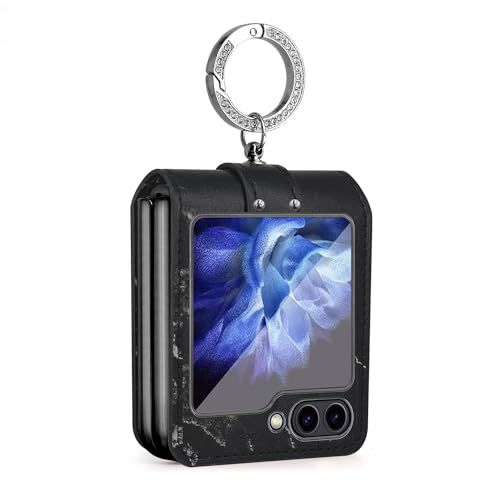 Coque Samsung Z Flip5 en cuir noir avec protection écran et anneau